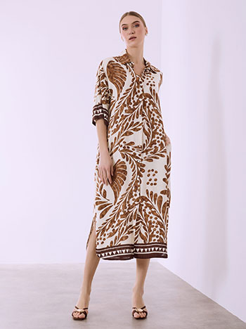 Printed shirt dress with pockets in brown