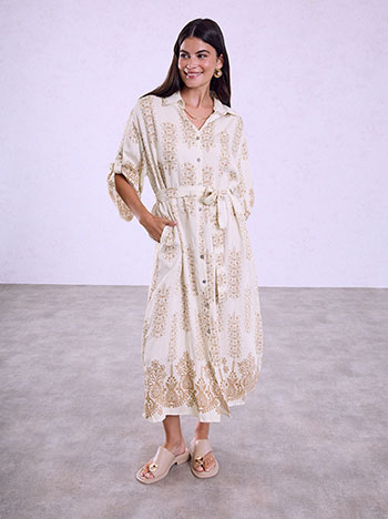Maxi shirt dress with belt in beige