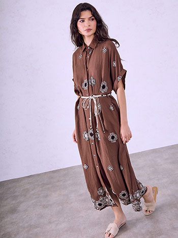 Shirt dress with embroidered details in brown