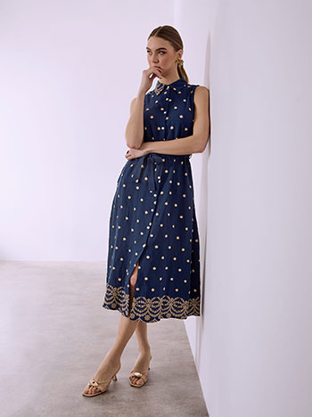 Shirtdress with broderie flowers in dark blue