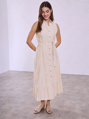 Midi shirt dress with pockets in beige