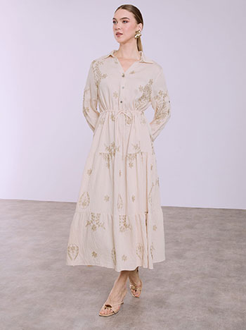 Maxi dress with metallic embroidery in beige
