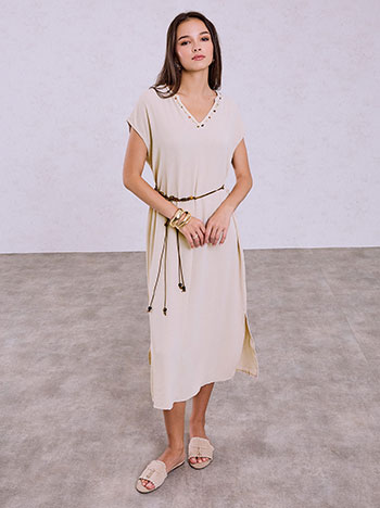 Dress with detachable cord belt in beige