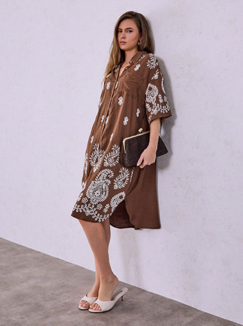 Embroidered midi shirt dress in brown