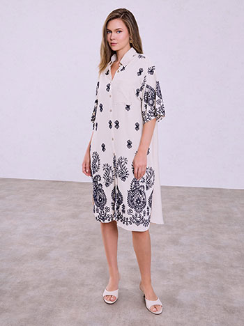 Embroidered midi shirt dress in beige