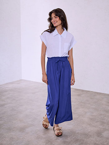 Wide leg trousers with ruffled waistband in blue