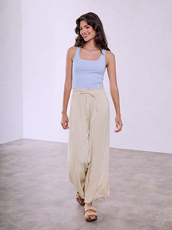 Wide leg trousers with ruffled waistband in beige