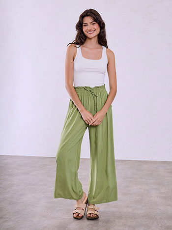 Wide leg trousers with ruffled waistband in olive green