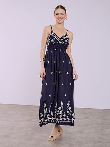 Maxi dress with embroidered patterns in dark blue
