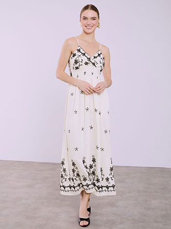 Maxi dress with embroidered patterns in off white