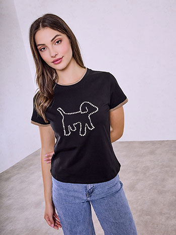 T-shirt με σκυλάκι απο πέρλες σε μαύρο