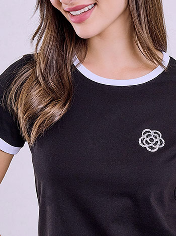 T-shirt με λουλούδι απο strass σε μαύρο