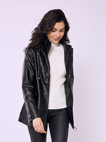 Μπουφάν δερματίνης με κουκούλα σε μαύρο