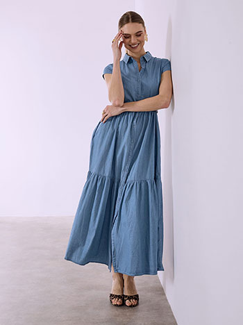 Φόρεμα σεμιζιέ βαμβακερό με ζώνη σε μπλε