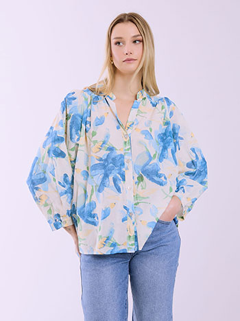 Πουκάμισο ασύμμετρο φλοράλ σε μπλε