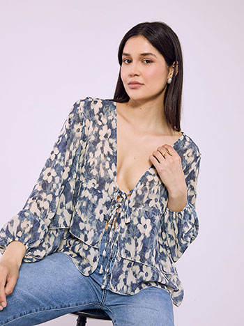 Μπλούζα εμπριμέ με βολάν σε μπλε