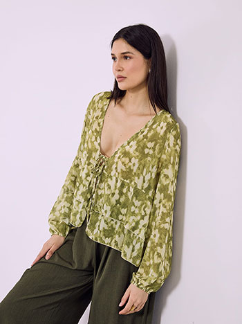 Μπλούζα εμπριμέ με βολάν σε λαδί