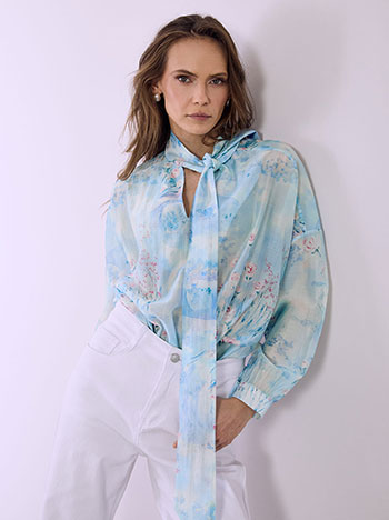 Μπλούζα εμπριμέ ημιδιάφανη σε γαλάζιο