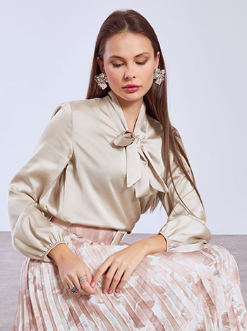 Μπλούζα σατέν με δέσιμο σε μπεζ