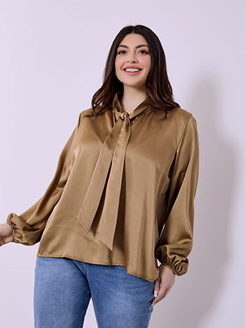 Μπλούζα σατέν με δέσιμο σε καφέ ανοιχτό