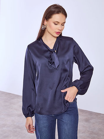 Μπλούζα σατέν με δέσιμο σε σκούρο μπλε