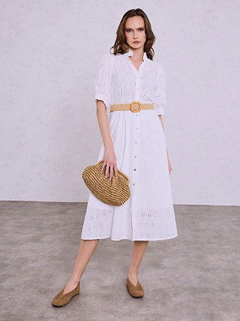 Φόρεμα κεντητό με ψάθινη ζώνη σε λευκό