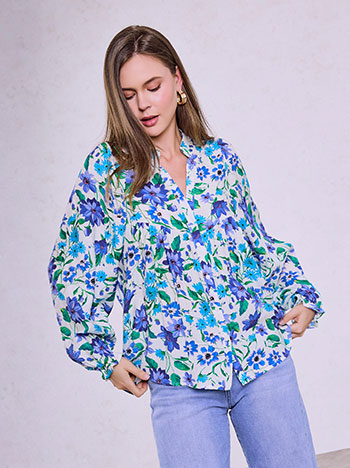 Floral shirt with balloon sleeves in blue