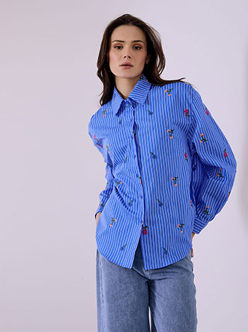 Πουκάμισο ριγέ με κεντητά λουλούδια σε μπλε