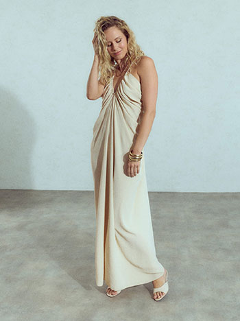Maxi dress with open V-back in light beige