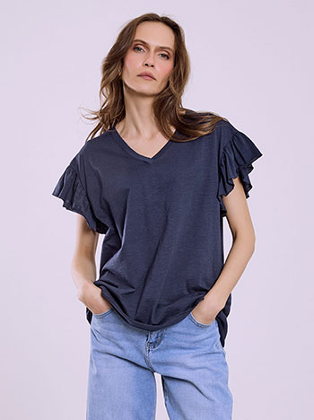Ruffle sleeve top in dark blue