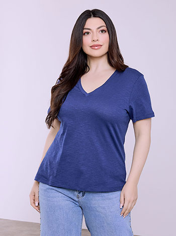 T-shirt βαμβακερό με V λαιμόκοψη σε μπλε