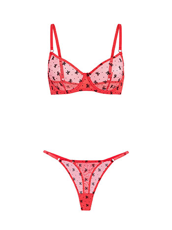 Lingerie set semi sheer with bows in red