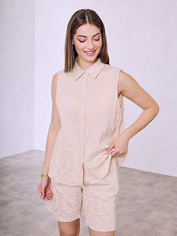 Embroidered shirt and bermuda set in beige
