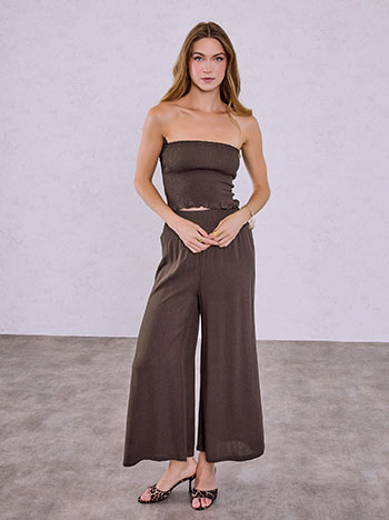 Strapless top and wide-leg trousers set in brown