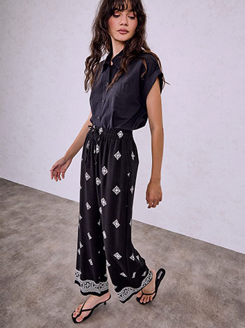 Viscose printed wide leg trousers in black