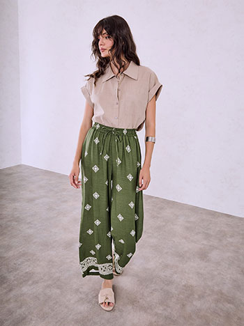 Viscose printed wide leg trousers in khaki