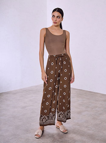 Viscose printed wide leg trousers in brown