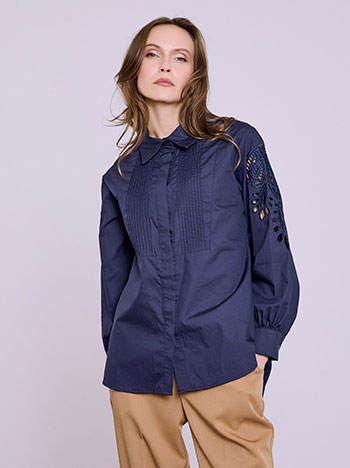 Shirt cotton with broderie details in dark blue