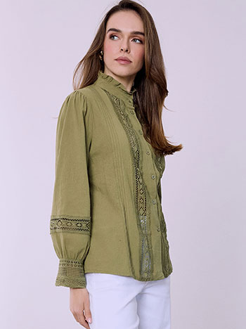 Shirt with perforated broderie details in khaki