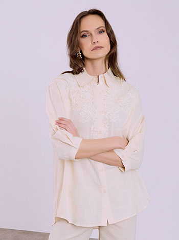 Shirt cotton with broderie details in light beige