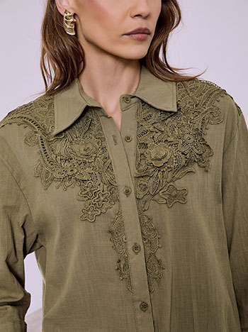Πουκάμισο βαμβακερό με κέντημα σε χακί