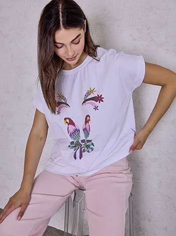 T-shirt στάμπα παπαγάλο σε λευκό