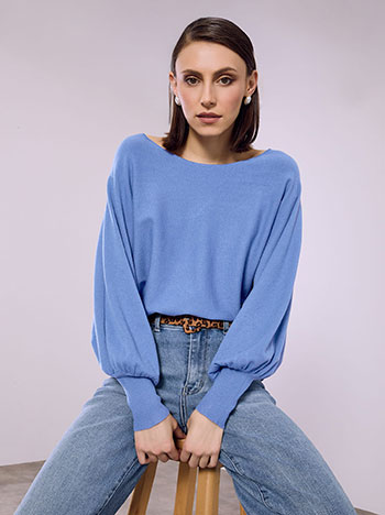 Μπλούζα πλεκτή με balloon μανίκι σε μπλε
