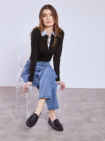 Κορμάκι με γιακά πουκάμισου σε μαύρο