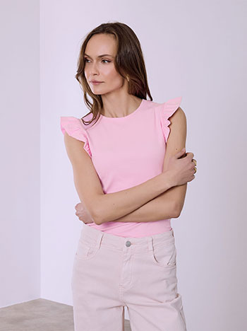 Μπλούζα αμάνικη με βολάν σε ροζ