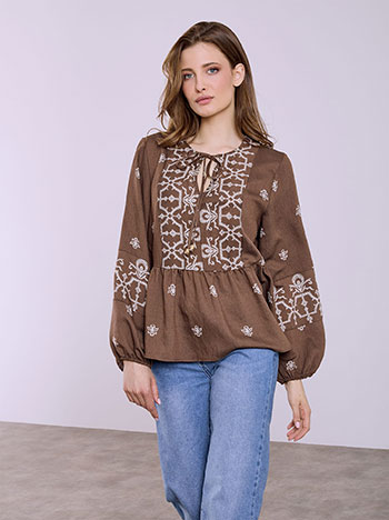Top with ruffled hemline in brown
