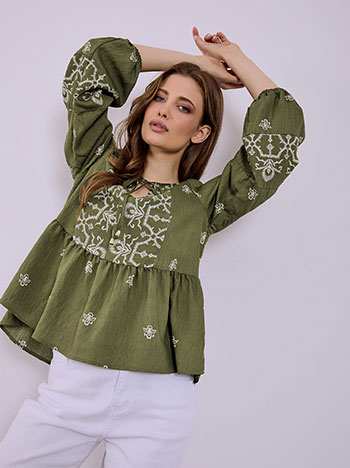 Top with ruffled hemline in khaki