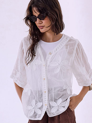 Embroidered semi-sheer cardigan in white