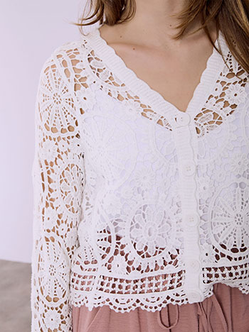 Ζακέτα πλεκτή κροσέ βαμβακερή σε λευκό