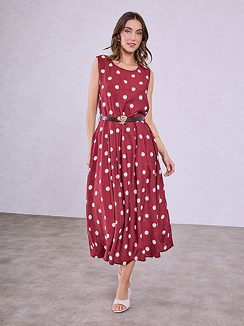 Dress with polka dots and pleats in wine red